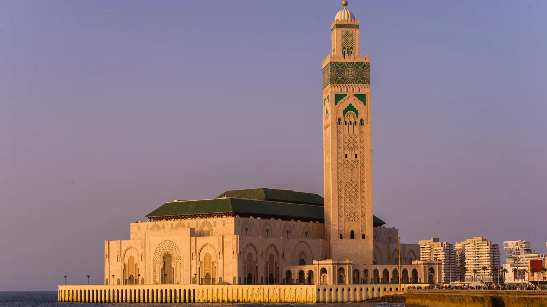 Hassan II Mosque rising above the Atlantic shoreline near the cruise port of Casablanca, Morocco