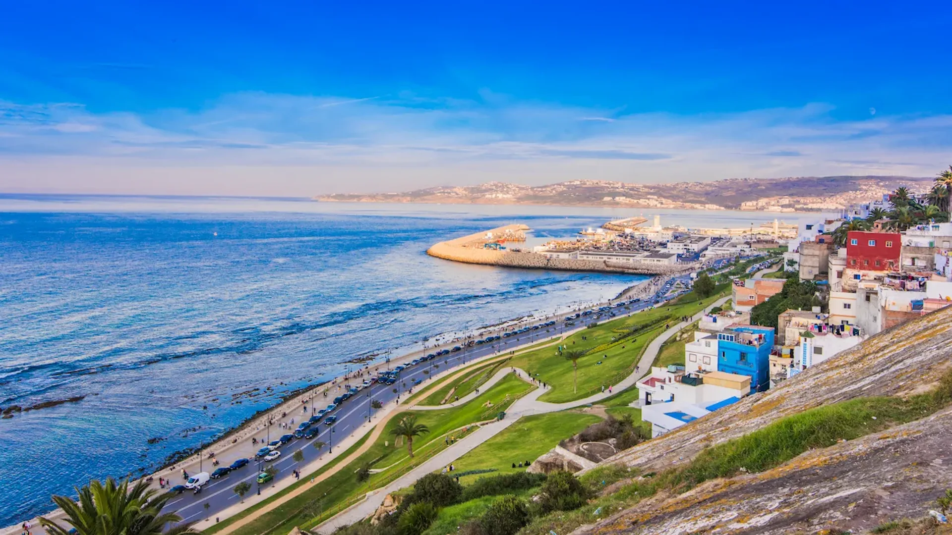View over the white medina of Tangier towards the Strait of Gibraltar and the Spanish coast